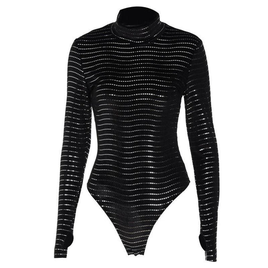 Sexy and Stylish Striped High Collar Finger Stall Bodysuit - ForVanity bodysuits, women's clothing Bodysuit
