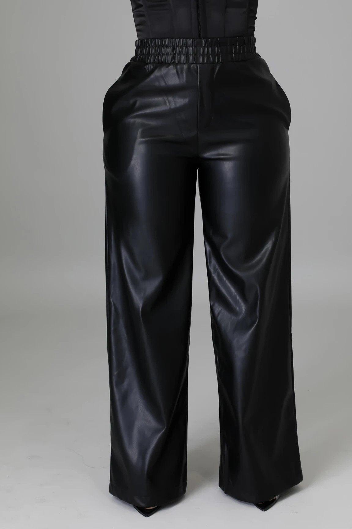Solid Color High Rise Wide Leg Faux Leather Pants for Women - ForVanity pants & capris, women's clothing Pants