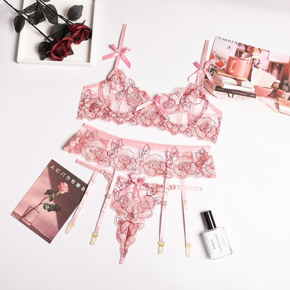  VQLTZQU Pink Lingerie Set for Women Flower Embroidery