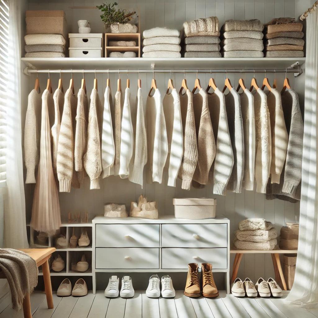 A minimalist and organized wardrobe with neatly arranged clothes, folded sweaters, and shoes, representing a peaceful and decluttered space to refresh one's style.