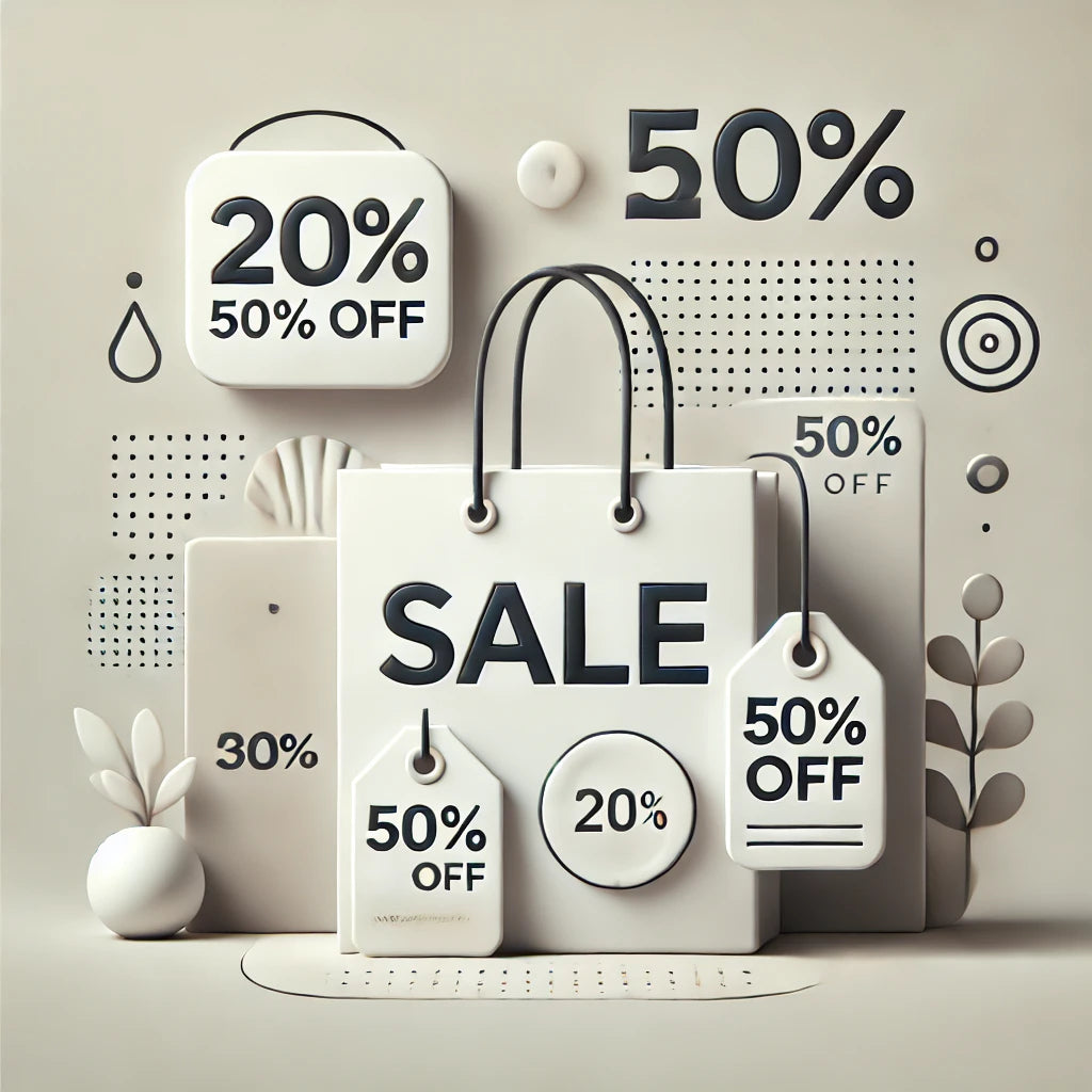Minimalistic sale image featuring shopping bags and bold discount percentages like 30% and 50% off, representing a clean and modern discount event.
