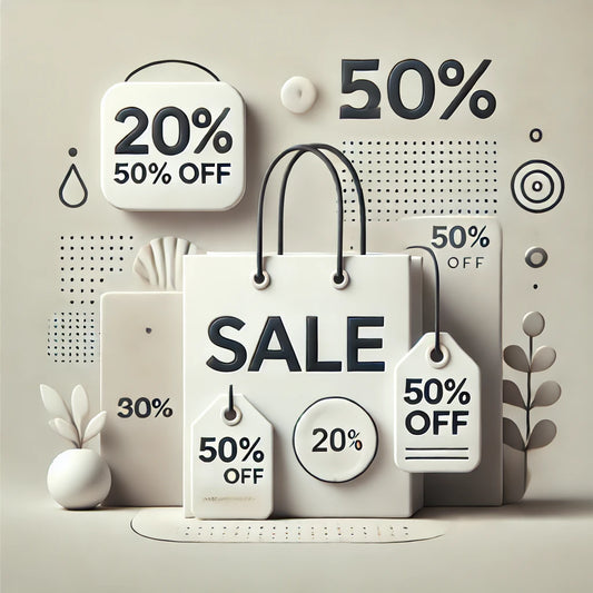 Minimalistic sale image featuring shopping bags and bold discount percentages like 30% and 50% off, representing a clean and modern discount event.