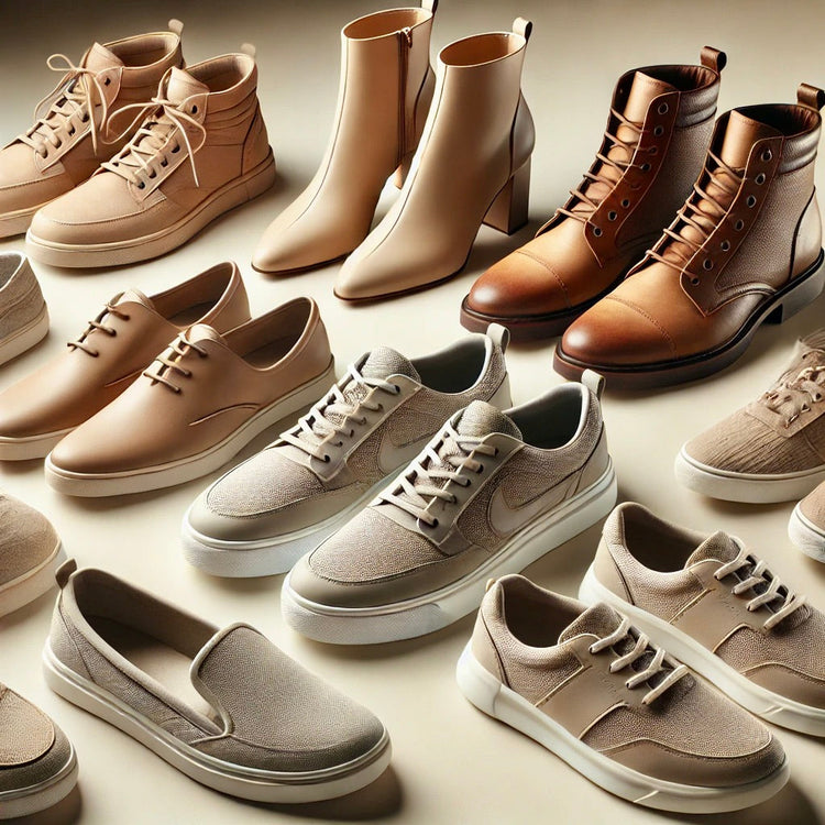 Clean and stylish image showcasing a variety of men's and women's footwear, including sneakers, boots, loafers, pumps, sandals, flats, and slippers, on a minimalist background.