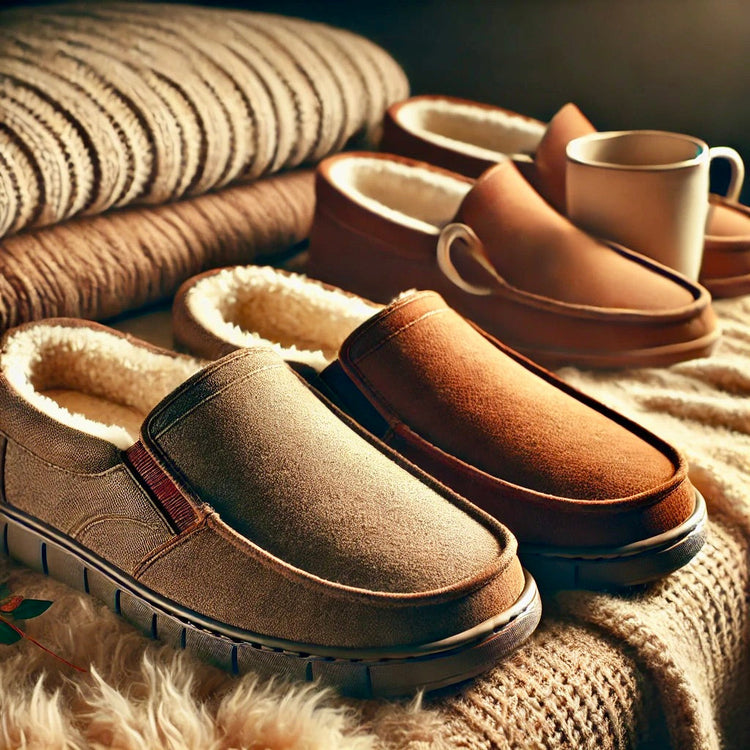 Men's cozy slippers, including slip-ons and house slippers in gray, brown, and black, displayed on a soft, plush surface for indoor comfort.