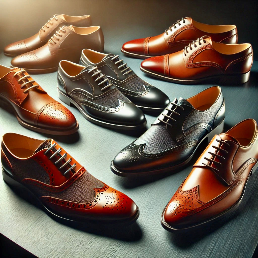 Elegant men's formal shoes, including Oxfords, Brogues, and Derby shoes, displayed on a sleek, polished surface in classic black, brown, and tan colors.