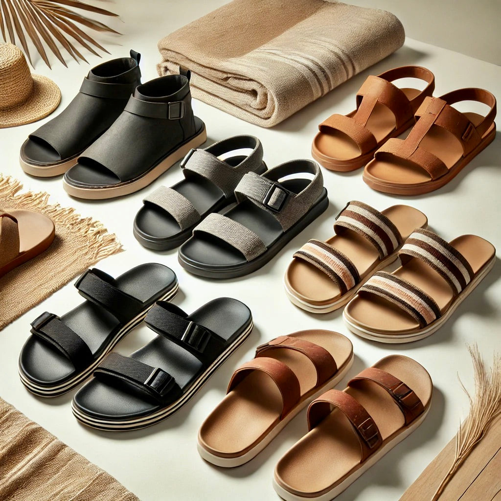 Men's sandals including back-strap models, slip-ons, and flip-flops in black, brown, and tan, arranged on a minimalist background with outdoor elements.