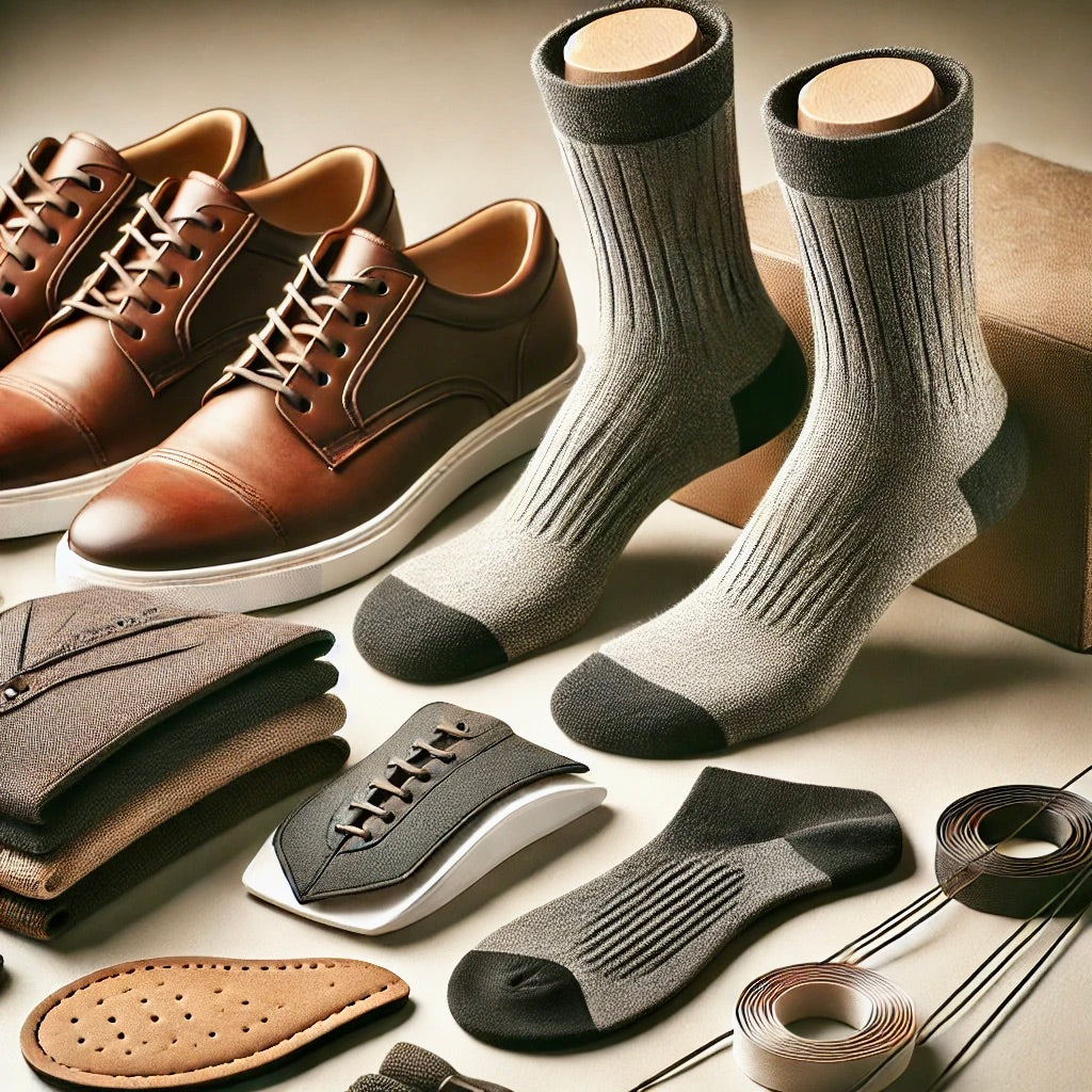 Men's socks and shoe accessories, including dress socks, ankle socks, insoles, laces, and shoe care products, arranged on a neutral background.