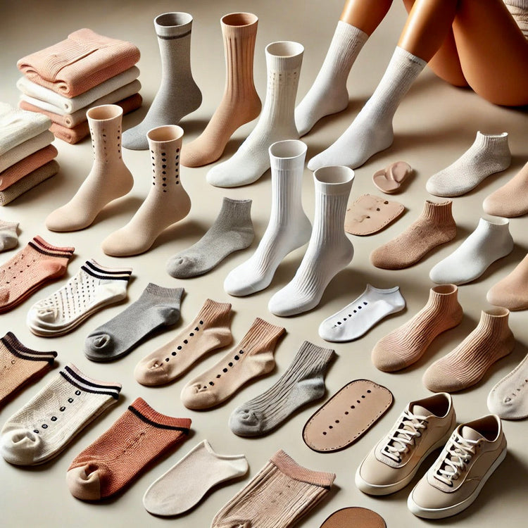 Women's socks and shoe accessories, including ankle socks, knee-high socks, and insoles, arranged on a neutral background.