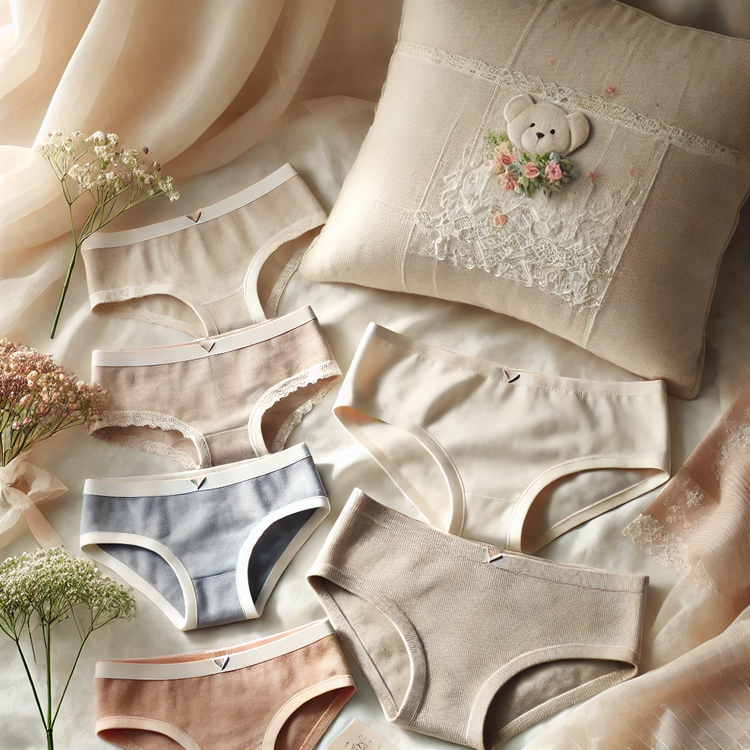 A cozy collection image for 'Comfort Underwear,' featuring soft fabrics like cotton and silk in neutral tones, with seamless and comfortable styles.