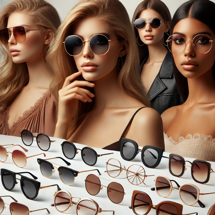 A collection of stylish women's sunglasses featuring aviators and oversized frames in black, brown, and gold tones. Modern and trendy designs with a minimal background.