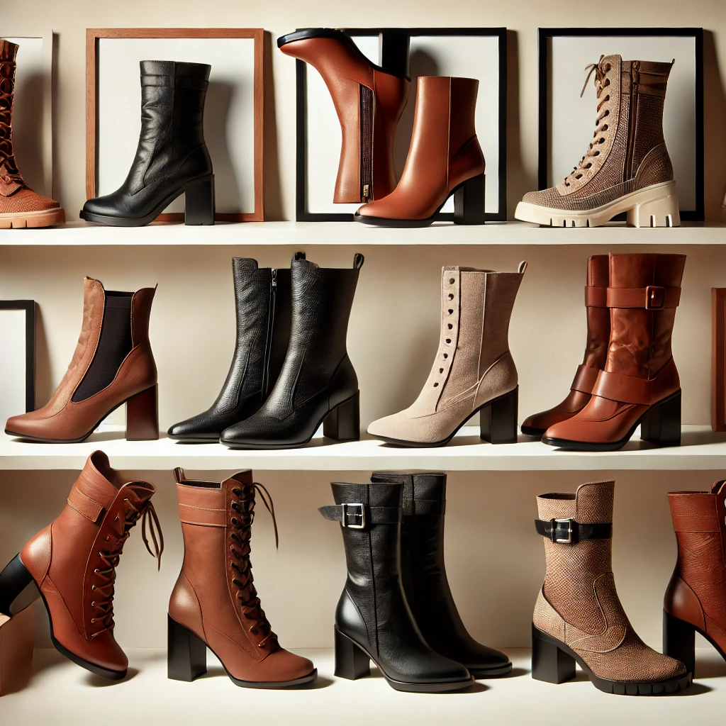 Stylish display of women's trendy boots in various styles and colors in a bright fashion studio.