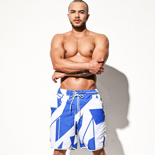 Men's Blue & White Printed Beach Shorts - Casual Loose-Fit Summer Pants