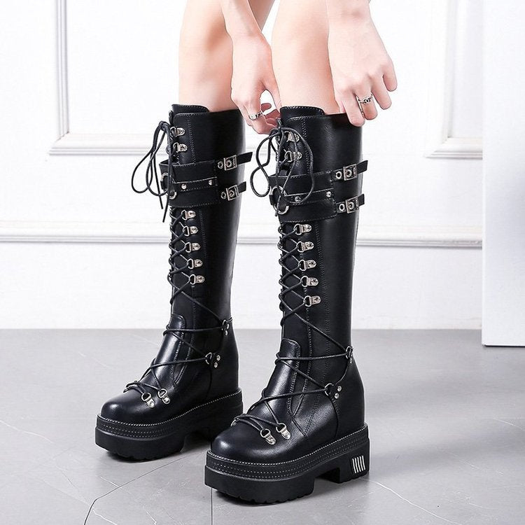 Women's High-Barrel PU Knight Boots - Height Increase