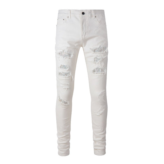 Men's White Slim-Fit Pants with Hot Drill Patch Hole Details