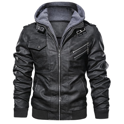 Men's PU Leather Motorcycle Jacket - Casual Biker Style, Detachable Hood - ForVanity Bomber Jackets, Faux Leather, men's clothing, men's jackets & coats, Men’s Bomber Jackets Bomber Jackets