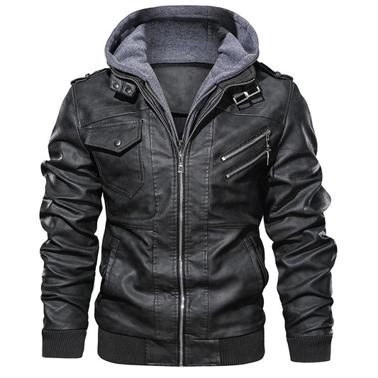 Men's PU Leather Motorcycle Jacket - Casual Biker Style, Detachable Hood