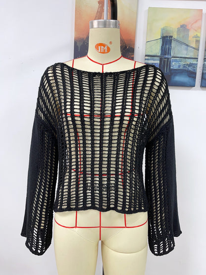 Spring Summer Women Blouse Hollow Out Knitted Knitwear