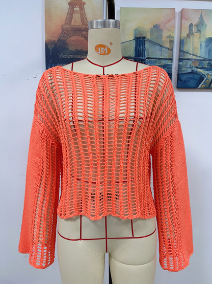 Spring Summer Women Blouse Hollow Out Knitted Knitwear
