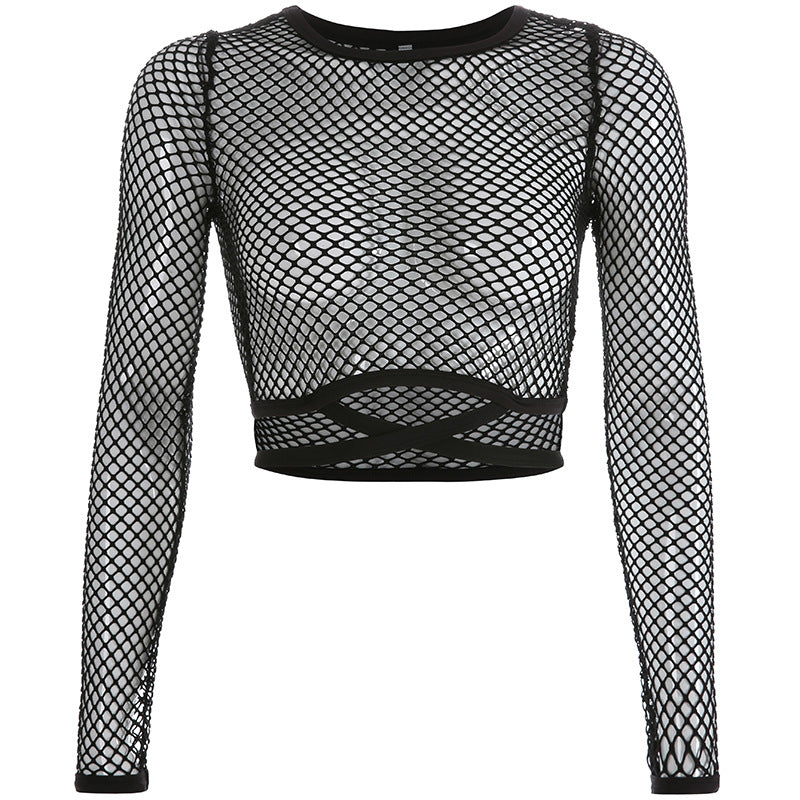 Women Clothing Sexy Grid See through Women Tops Long Sleeve Tight T shirt Ladies - ForVanity 