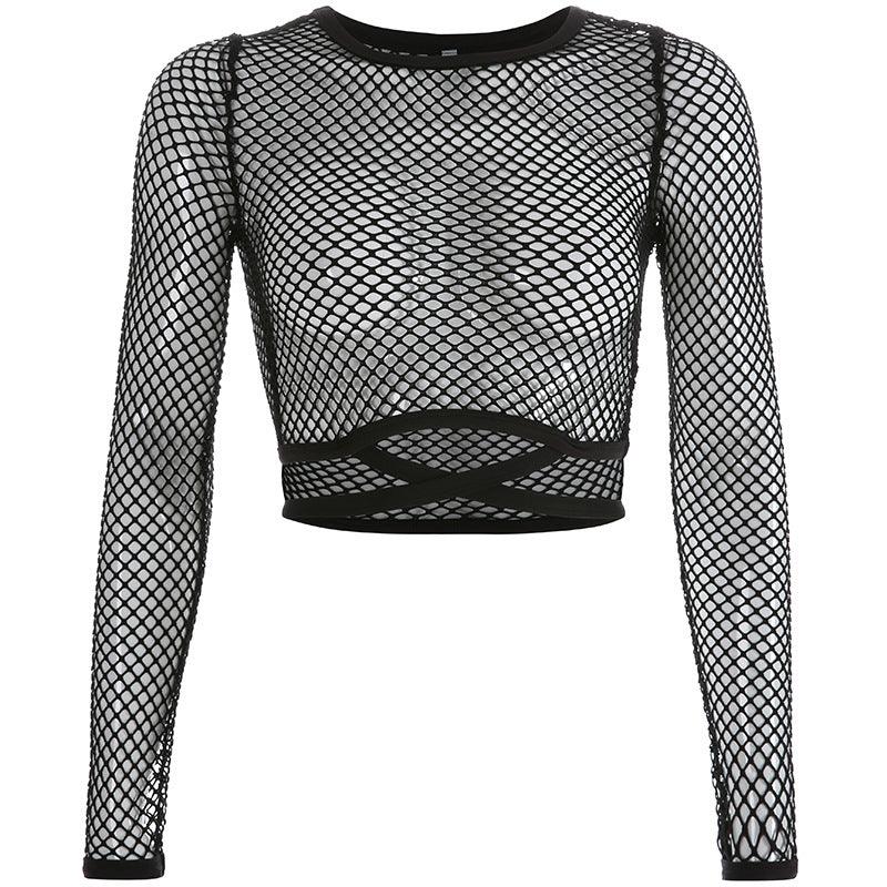 Women Clothing Sexy Grid See through Women Tops Long Sleeve Tight T shirt Ladies - ForVanity 