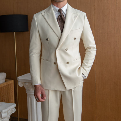 Men's Slim Double-Breasted Suit in Off-White & Navy Blue