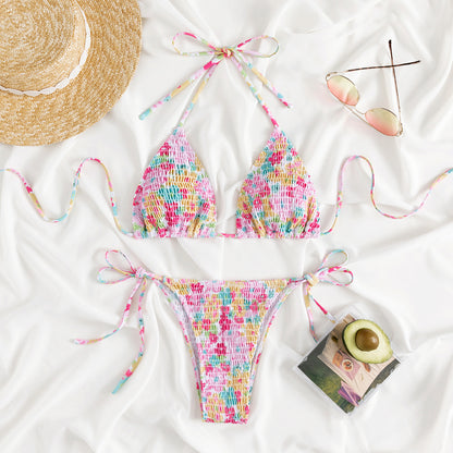 Split Smocking Printed Bikini Swimsuit