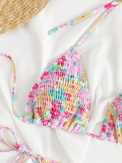 Split Smocking Printed Bikini Swimsuit