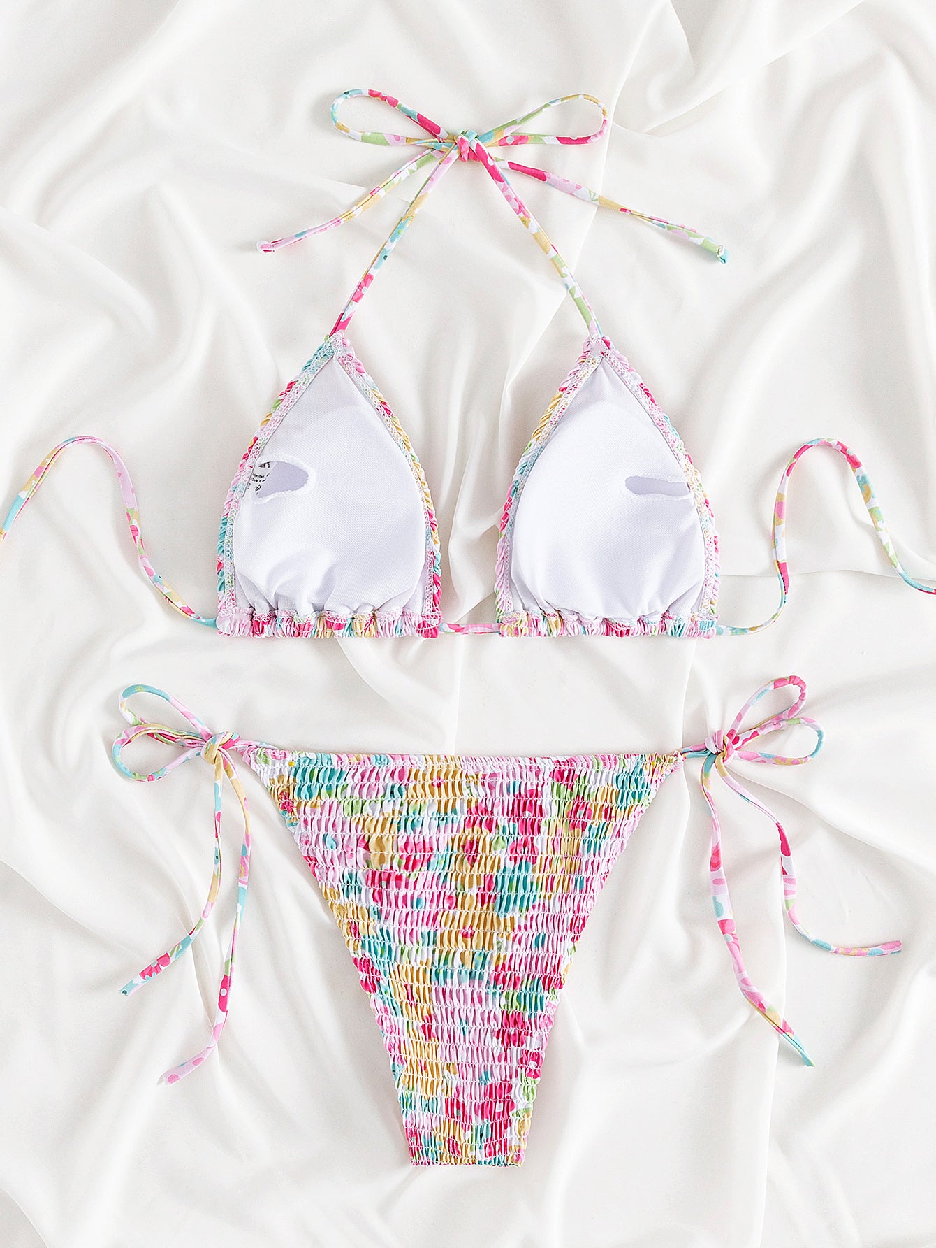 Split Smocking Printed Bikini Swimsuit