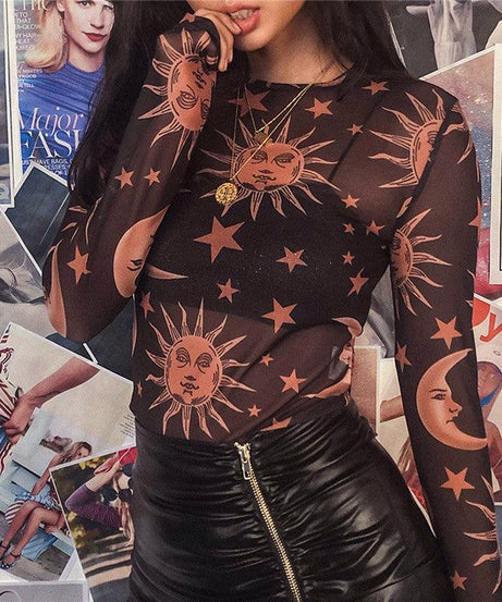 Women’s Sun and Moon Print Mesh Long Sleeve Top - ForVanity women's clothing, women's tops & tees Tops & Tees