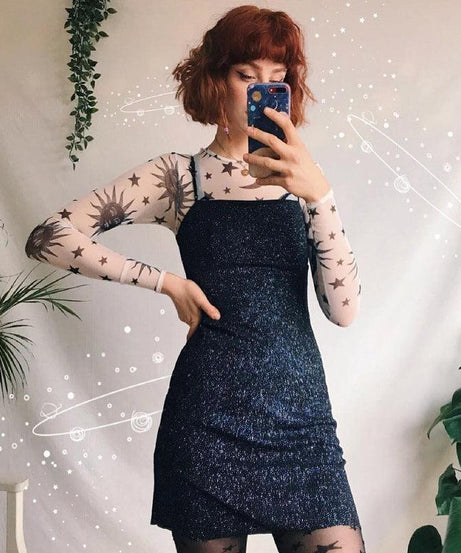 Women’s Sun and Moon Print Mesh Long Sleeve Top - ForVanity women's clothing, women's tops & tees Tops & Tees