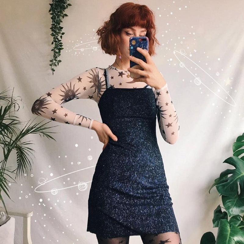 Women’s Sun and Moon Print Mesh Long Sleeve Top - ForVanity women's clothing, women's tops & tees Tops & Tees