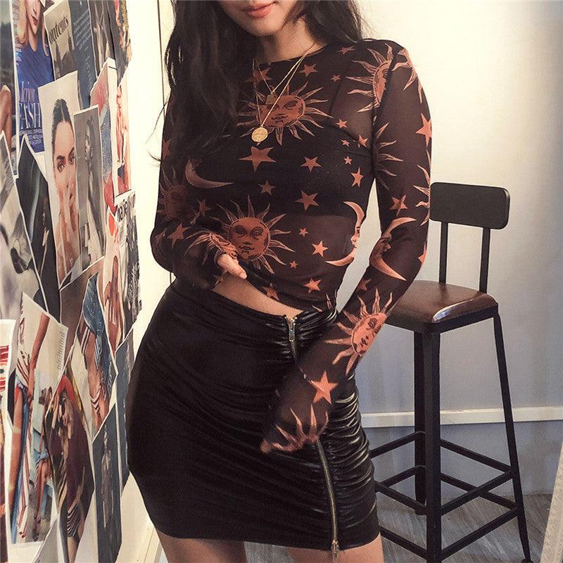 Women’s Sun and Moon Print Mesh Long Sleeve Top - ForVanity women's clothing, women's tops & tees Tops & Tees