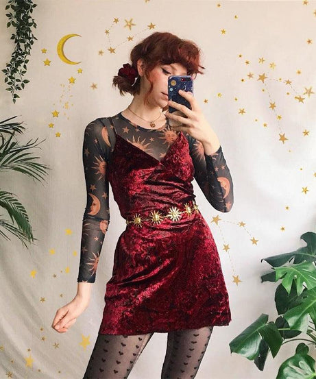 Women’s Sun and Moon Print Mesh Long Sleeve Top - ForVanity women's clothing, women's tops & tees Tops & Tees