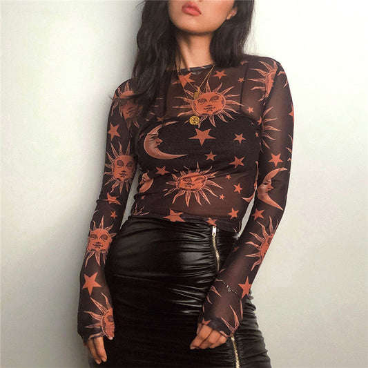 Women’s Sun and Moon Print Mesh Long Sleeve Top - ForVanity women's clothing, women's tops & tees Tops & Tees