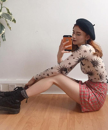 Women’s Sun and Moon Print Mesh Long Sleeve Top - ForVanity women's clothing, women's tops & tees Tops & Tees