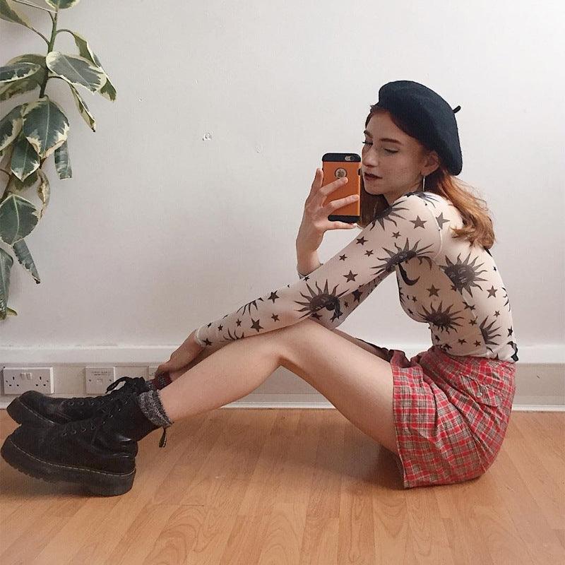 Women’s Sun and Moon Print Mesh Long Sleeve Top - ForVanity women's clothing, women's tops & tees Tops & Tees