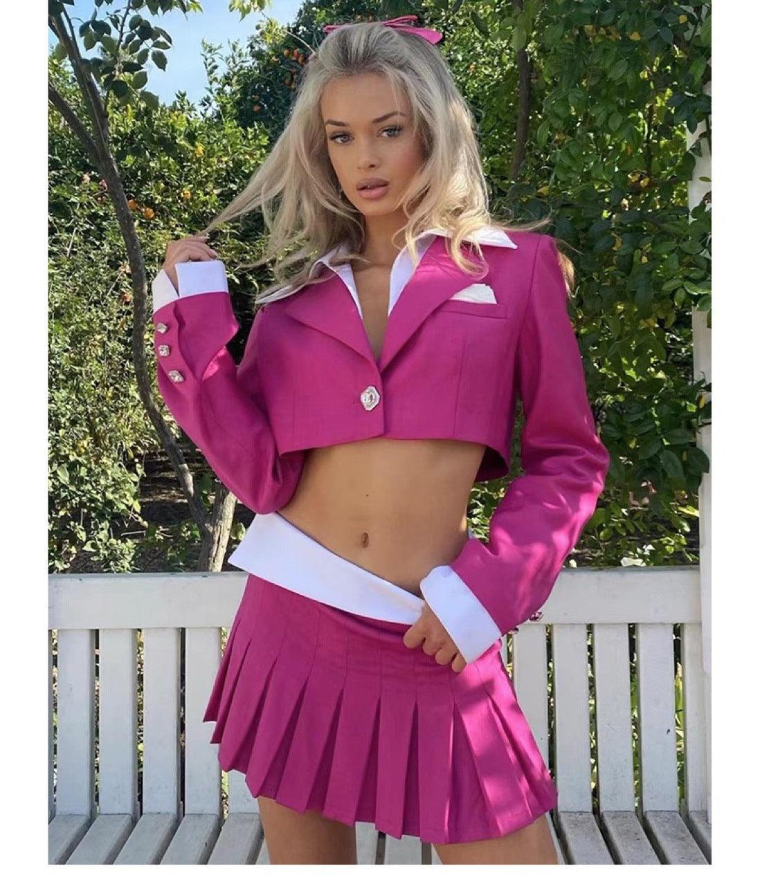 Women’s Color Block Cropped Blazer & Pleated Short Skirt - Elegant Style - ForVanity skirt suit, women's clothing, women's outfits, women's suits Skirt Suits