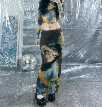 Print Design Transparent Cropped Top Long Skirt Outfit