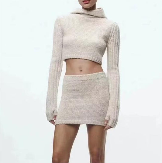 Hooded Short Sweater Knitwear Elastic Waist Mini Skirt Outfit