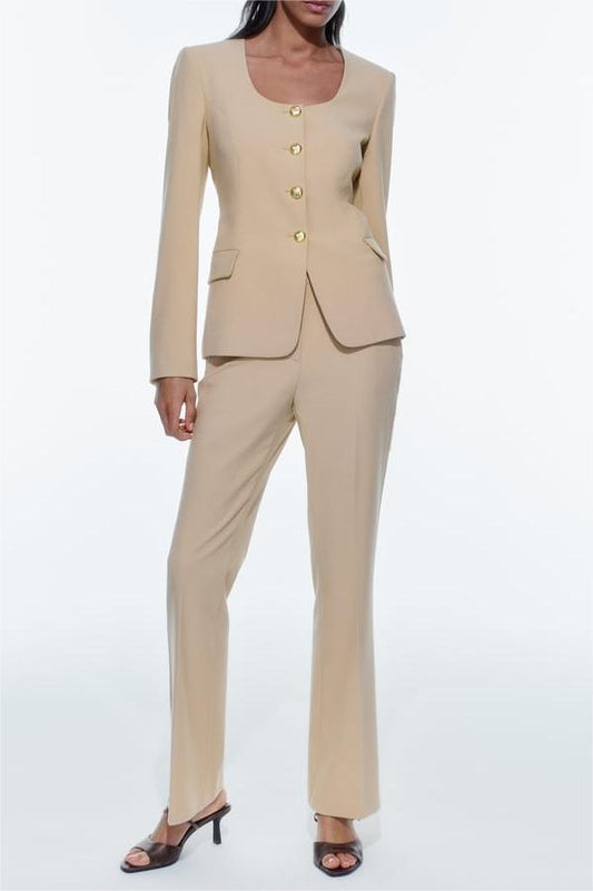 Women’s Blazer & High Waist Flared Pants Suit - Elegant, Office Style