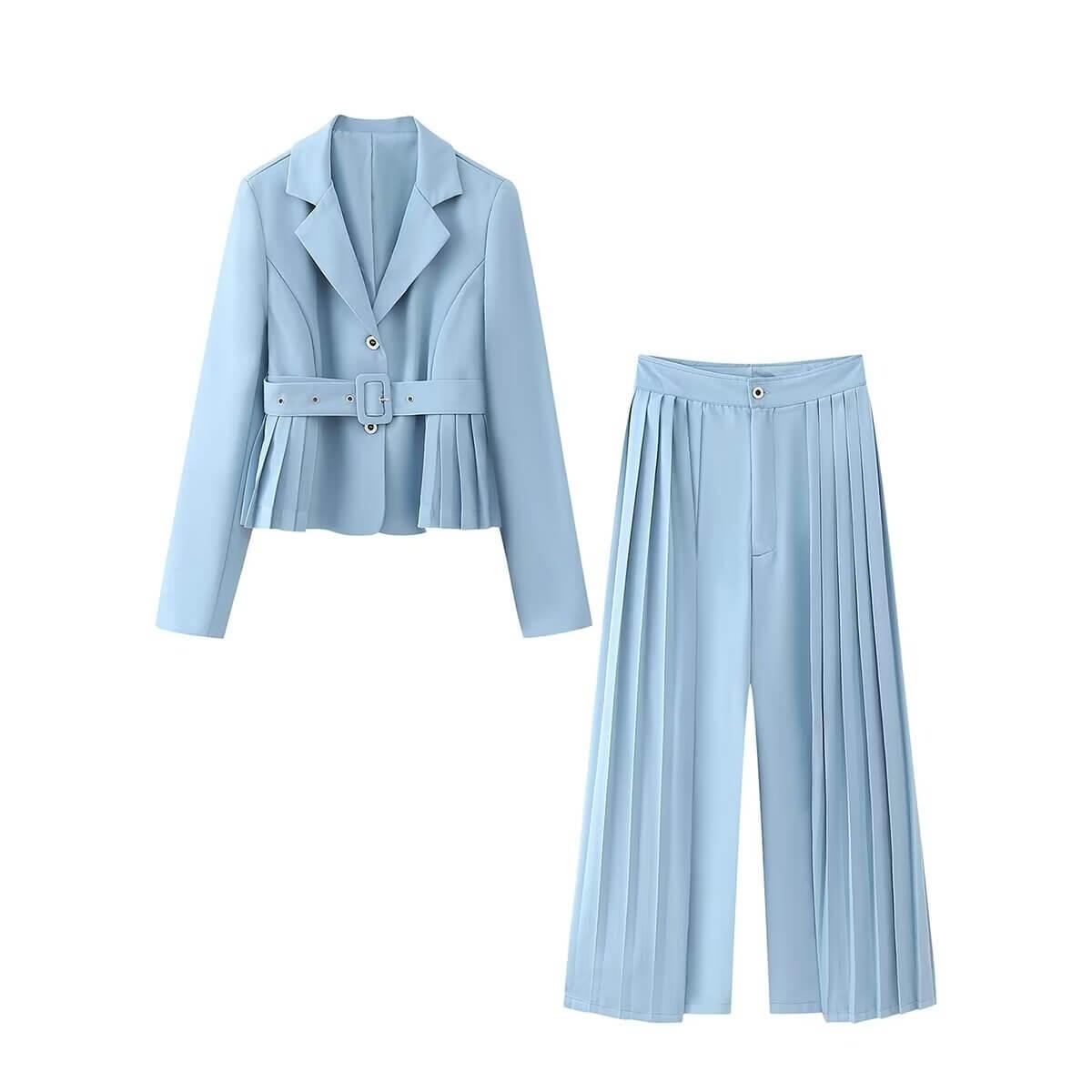 Women’s Crumpled Office Suit - Belted Two-Piece Set - ForVanity women's clothing, women's outfits, women's suits Pant Suits