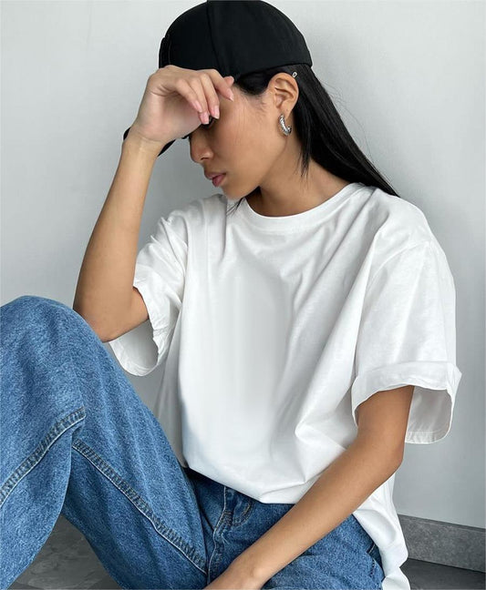 Solid Cotton Loose Fit Women's T-Shirt for Spring and Summer