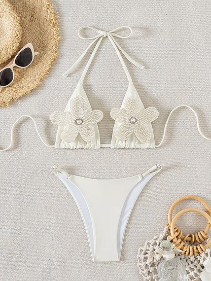 White Applique Halter Lace Up Split Swimsuit