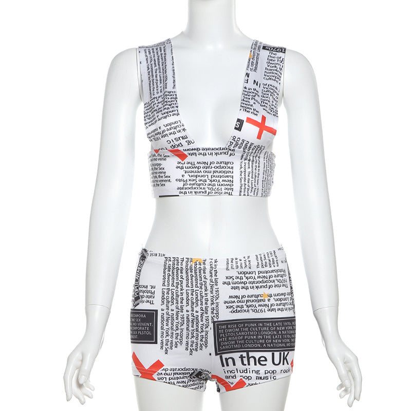 Summer Women Newspaper Printing Vest Shorts Outfit