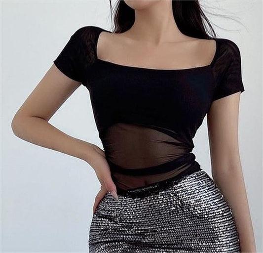 Women Summer Solid Color Mesh See Through Top