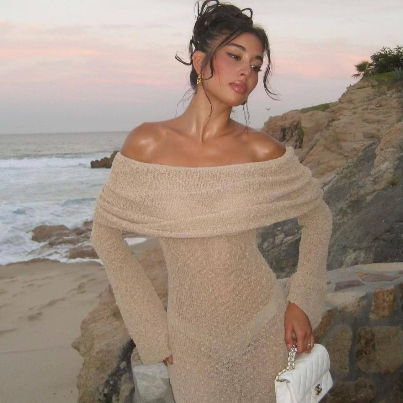 Knitted Long-sleeved Beach Holiday Long Dress