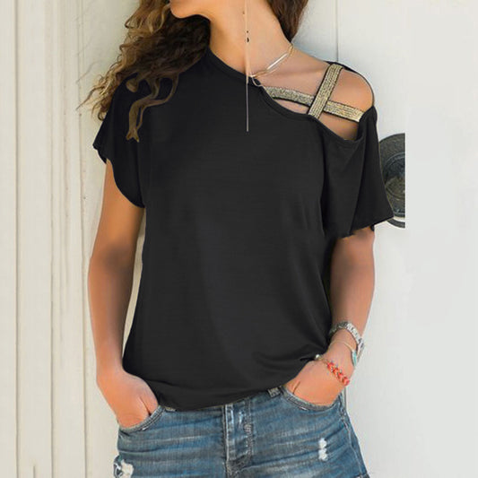 Casual Criss Cross One Shoulder T-Shirt for Women - ForVanity women's clothing, women's t-shirts T-Shirts