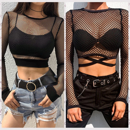 Women Clothing Sexy Grid See through Women Tops Long Sleeve Tight T shirt Ladies - ForVanity 