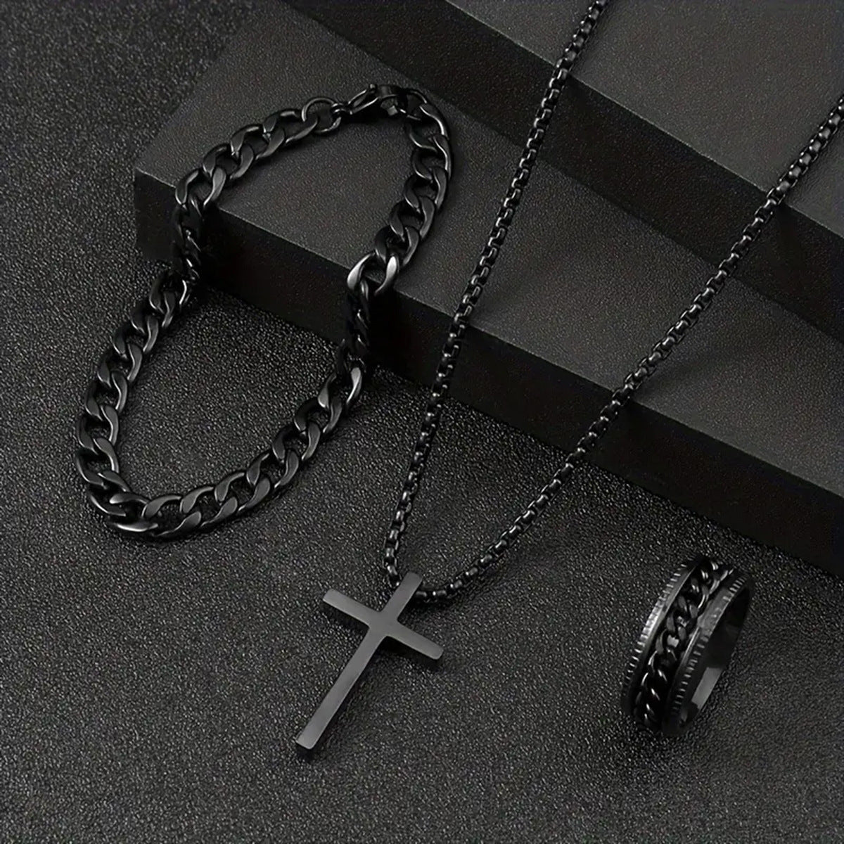 Men's Cross Necklace, Ring, and Bracelet Set