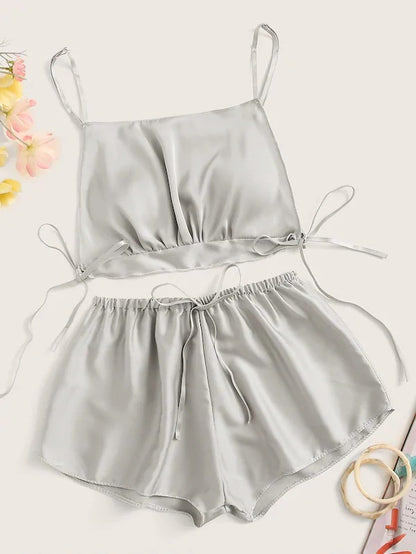 Elegant Satin Pajama Set with Lace Straps